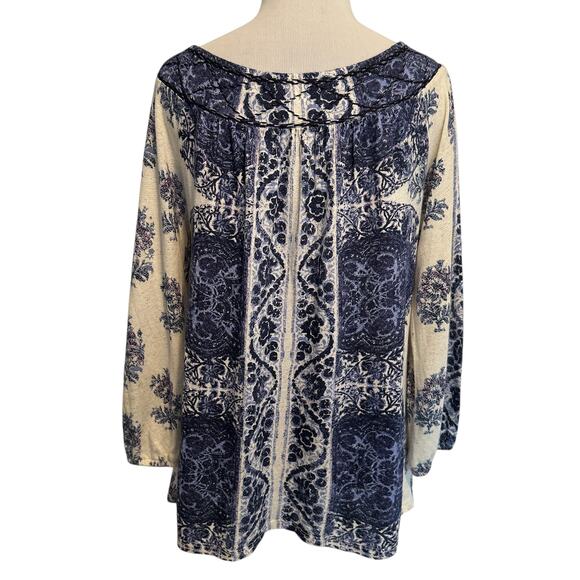 Lucky Brand Boho Top Womens Small Blue & Cream Embroidered Knit Linen Cotton - Picture 3 of 7